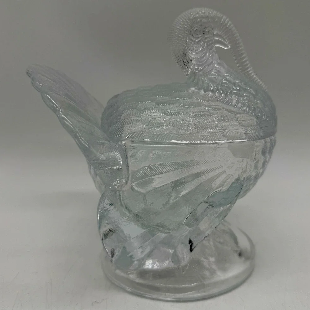 Clear Pressed Glass Turkey Candy Dish Thanksgiving Lidded Centerpiece Vintage